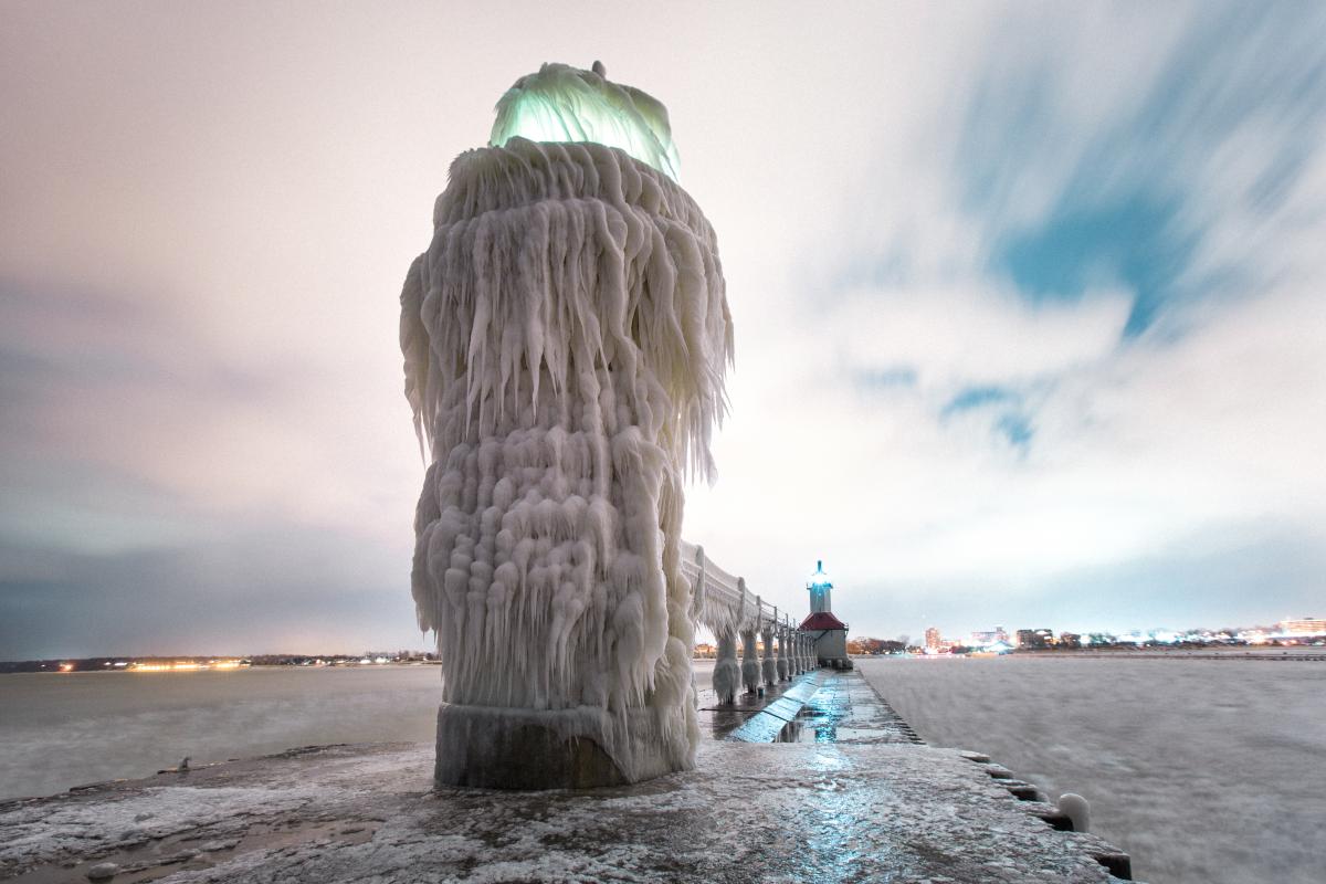 Ice covered lighthouse in Southwest Michigan