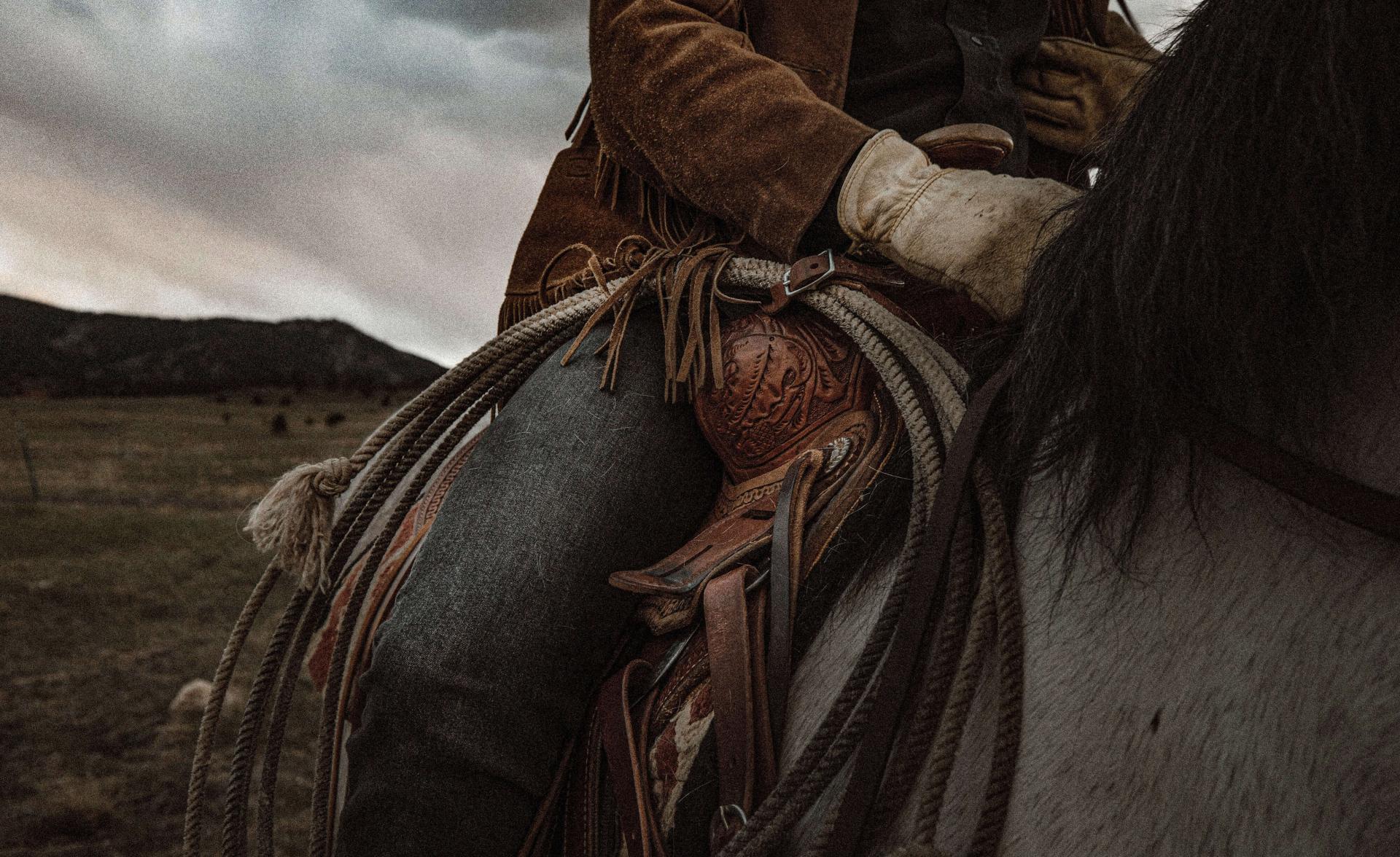 a closeup of a horseman on horseback with a lasso tied to the saddle