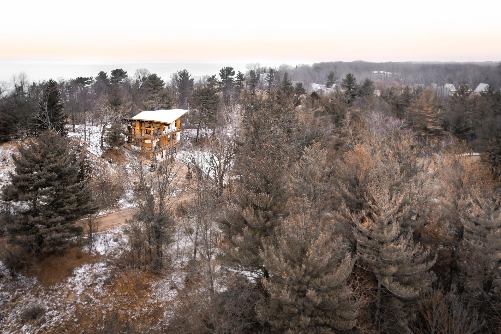 Exterior of Allegretti Architect house drone view