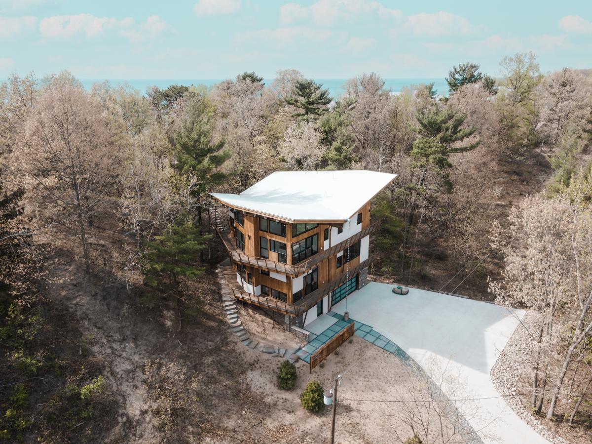 Exterior of Allegretti Architect house aerial view